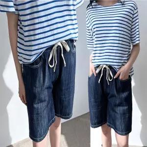 여자 허리 고무줄 린넨 청 데님 반바지 편한 팬츠 IIY8+2oVR