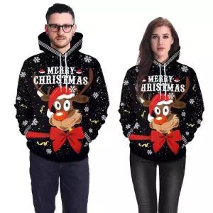 여자 추동 크리스마스 티 프린트 후드 스웨터 커플 원템3