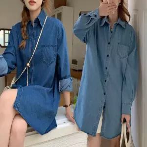 여성 데님셔츠 청남방 루즈핏 엉덩이 덮는 롱기장 Sex6+1JYW