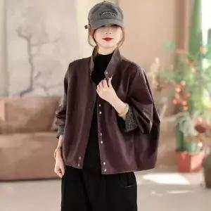 여성용 하프 봄 코트 PU가죽 체크 하이넥 히든버튼 트렌치 BE1