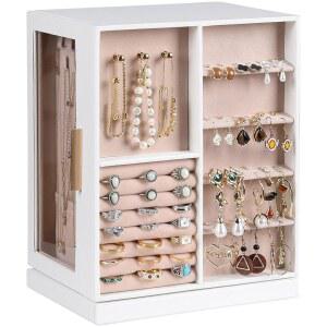 프리뷰티 360 회전 주얼리 박스, 6개의 서랍이 있는 PU 가죽 정리함, 대형 보관함, 투명 창, 황금 손잡이, 귀걸이 목걸이용 수직 홀더, 여성용 선물(화이트)