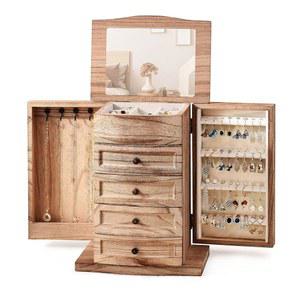 여성용 포일루 주얼리 박스, 거울 및 서랍이 있는 우드 정리함, 여성 선물용 목걸이 링 팔찌 귀걸이 정리함(탄화 브라운)