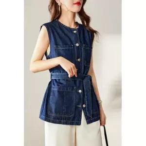여자 데님 봄가을 무드 탑 조끼 민소매 빅포켓 코트 OP3