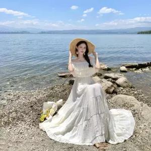 여자원피스 쉬폰 윈난 시솽반나 여행 보트넥 원피스 해변 바캉스 빅 스커트 롱 원템1