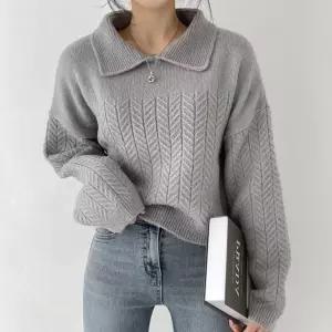 헤링본 패턴 카라 크롭 니트 티셔츠 겨울 긴팔 스웨터 가을 카라넥 케이블 빗살 무늬