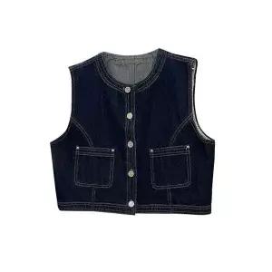 데님 가을 캐주얼 빈티지 원우풍 여자조끼 노칼라 조끼 민소매 하이웨스트 숏 원템3