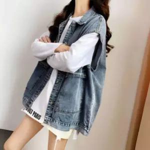 오버 루즈핏 체형커버 데일리 캐쥬얼 여성 데님 조끼 YHJ8+7tsW