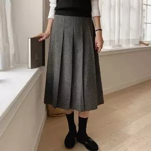 가을 겨울 모직 울 플리츠 빅사이즈 롱 스커트 캐주얼 출근 오피스룩 하객1185379