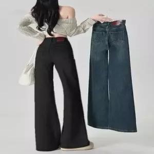 롱 여성용 가을 빈티지 슬림핏 청바지 부츠컷 빅사이즈 하이웨스트 이른 OP3