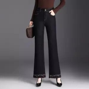 빈티지 가을 여친 청바지 자수 하이웨스트 늘어뜨려 슬림핏 나팔바지 OP3