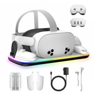 메타 오큘러스 퀘스트 3/3S, VR 헤드셋 컨트롤러 액세서리, 닫을 수 있는 RGB 표시기가 충전 스테이션, 자기 충전, 고속 충전식 배터리 2개와 호환되는 도크