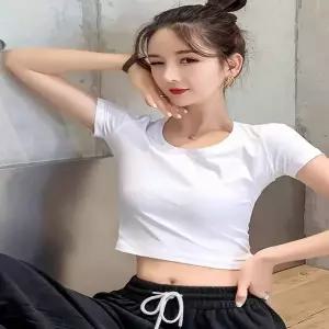 여자 슬림핏 기본 크롭 반팔 티셔츠 날씬 무지티