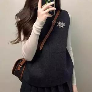 치마 여성 모직 세트 꽃핀 조끼 차콜 나시 플리츠 정장세트 탈부착 A라인 KS1