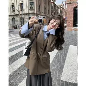 여사친 페이크 투피스 정장 재킷 셔츠카라 코트 하버풍 패션 PU가죽 KS3