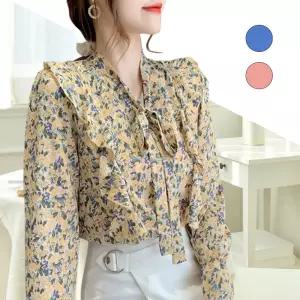 플라워 블라우스 호텔 여행 바다 호캉스 브이넥 긴팔 Giu8+2uSd