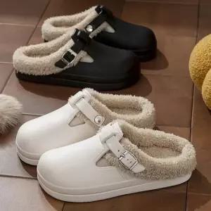 남녀공용 따뜻한 퍼안감 버클 스트랩 마실용 가벼운 착용감 슬리퍼 실내화 여성슬리퍼