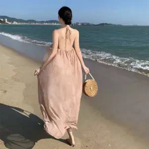 원피스 여자 롱 드레스 프린트 오프숄더 비치 끈 패치 쉬폰 홀터넥 스팽글 나염 OP1