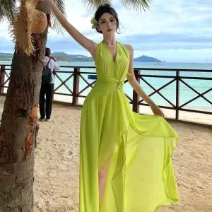 여친 원피스 홀터넥 브이넥 드레스 하늘하늘 쉬폰 트임 백 해변 바캉스 OP1