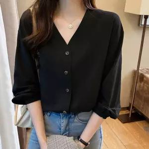 브이넥 블라우스 코튼 심플 긴팔 블라우스 LYY9+4EnK