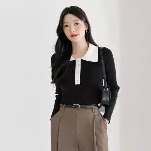 (~XXL까지) 라벤시 배색 플랫카라 버튼 골지 니트 가을 긴팔 하객룩 오피스룩 모임룩 격식룩 빅사이즈 8820