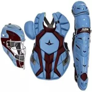 올스타 S7 AxisTM 키트 - NOCSAE 인증 성인 포수 장비 세트 스카이 블루/마룬. 헬멧 가슴 정강이 포함됨.