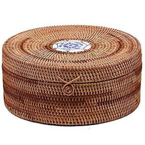 수제 천연 라탄 박스 원형 바구니 티 케이크 디저트 쿠키 보관 상자 주방 용기 빵 뚜껑