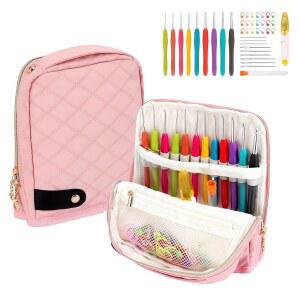 가방크레이지 스탠드업 크로셰 케이스 정리함, 휴대폰 포켓이 있는 여행용 공예품 홀더, 9개의 후크가 달린 퀼트 백, 바늘 및 가위, 애호가를 위한 선물