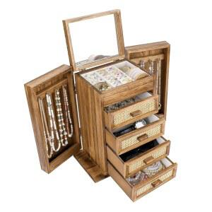 주얼리 정리함, 라탄 박스, 거울이 있는 5겹 나무 여성 남성용 서랍 4개가 반지 귀걸이용 보관 목걸이 팔찌 시계