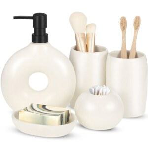 폴드티어 5개 세라믹 욕실 액세서리 세트, 베이지 카운터 비누 디스펜서 칫솔 컵 홀더 상자 큐팁 스타일리시한 모던 매트 글레이즈 장식 화이트