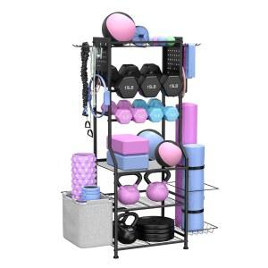 덤벨 랙, 케틀벨을 위한 홈 보관함, 요가 매트 및 근력 운동 장비, 페그 보드 정리함이 있는 웨이트 장비 보관함