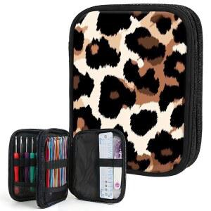 크로셰 케이스 정리함, 슬롯이 있는 지퍼 보관 가방 및 뜨개질 액세서리용 메쉬 포켓, 가볍고 휴대하기 쉬우며 갈색 레오파드 프린트