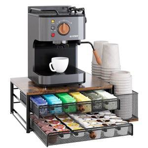 TQVAI K 컵 홀더 - 일회용 및 뚜껑 홀더가 있는 60 캡슐 용량의 2단 슬라이딩 포드 보관 서랍, 카운터탑용 커피 바 스테이션 정리함, 블랙