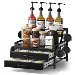 홈소루트 커피 시럽 랙 정리함 - K컵용 보관 서랍 82개, 카운터탑용 포드 홀더, 바 스테이션, 주방, 블랙 4단 와인 병 스탠드 8개