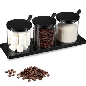 윌링롱 3개 커피 바 액세서리 세트 유리 조미료 병과 나무 뚜껑 숟가락, 향신료 병 트레이, 스테이션 정리 주방 장식용 설탕 차 용기 블랙