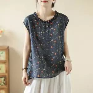 빈티지 여자 데일룩 블라우스 민소매 마 프린트 뒷단추 톱 DAOL1