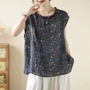 여성 빈티지 데일룩 블라우스 민소매 톱 뒷단추 마 프린트 DAOL1