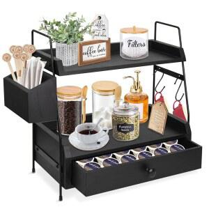 유즈퓨어 커피 바 액세서리 및 정리함 카운터탑, 서랍이 있는 스테이션 2단 카운터 선반, 욕실용 조미료 보관 컵 뚜껑 홀더, 주방용 카운터탑 선반