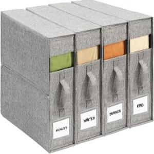 린넨 옷장용 4팩 시트 정리함 - 투명 창문이 있는 킹/퀸 사이즈 침구 보관함 접이식 및 방진 리넨 담요