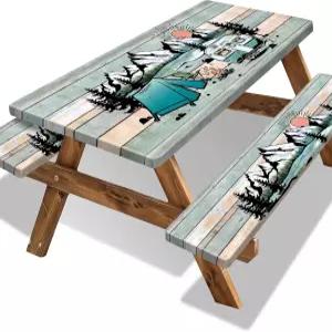 벤치가 있는 피크닉 테이블 커버 6피트 야외 캠핑 필수품 방수 기능이 천 나무 질감이 탄성 천(3pcs-72 )