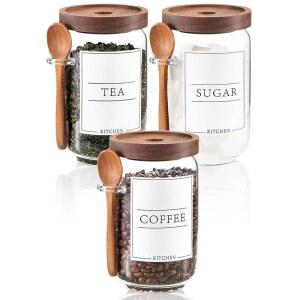 코스키머 커피 및 설탕 용기 세트, 나무 뚜껑과 스쿱이 있는 유리 병, 주방 조리대용 장식용 티 크리머 25온스