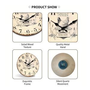 둥근 나무 벽시계 빈티지 오래된 암탉 디자인 가정용 음소거 거실 침실 방 장식 Cla 1PC