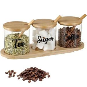 레몬로드 3팩 커피 슈가 티 용기 세트 대나무 트레이 장식 뚜껑과 숟가락이 있는 투명 조미료 바 스테이션 조리대 홈 데코 보관