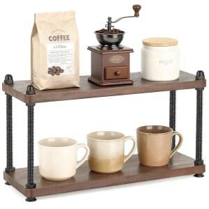음코노 커피 스테이션 정리함 조리대 컵용 나무 머그 홀더 및 바 액세서리용 선반 러스틱 말차 스탠드 2단 보관 진열대 주방 사무실