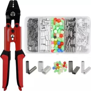 낚시 크림핑 도구 와이어 라인 리깅 키트 펜치 로프 리더 500개 포함 슬리브 비드 세트 도구(빨간색)