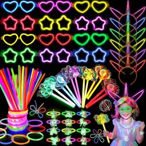 ESAG 148Pcs 글로우 인 더 다크 파티 용품 유니콘 생일 선물 라이트 업 장난감 네온 글래스 스틱 머리띠