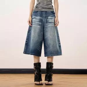바지 데님 님성 데일리 청반바지 하이 스트릿 워싱 구제 나염 쇼트 와이드 반 붐 7부 다올1