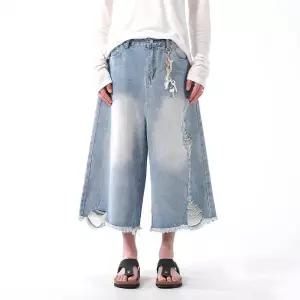 캐주얼 빈티지 반바지 청반바지 청바지 와이드 데일리 쿨링 헤짐 님성 7부 다올1