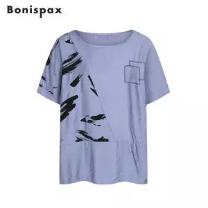 보니스팍스 라운드 프린트 배색 반팔 블라우스 1096259