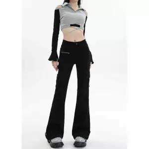 바지 검정 캐주얼 빈티지 조추 나팔 하이웨스트 슬림핏 여성패션 카고 스판 DL3