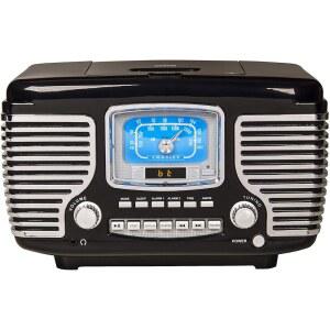 크로슬리 CR612B-BK 커세어 레트로 AM/FM 알람 시계 라디오 및 스테레오 블루투스 스피커가 있는 CD 플레이어, 블랙